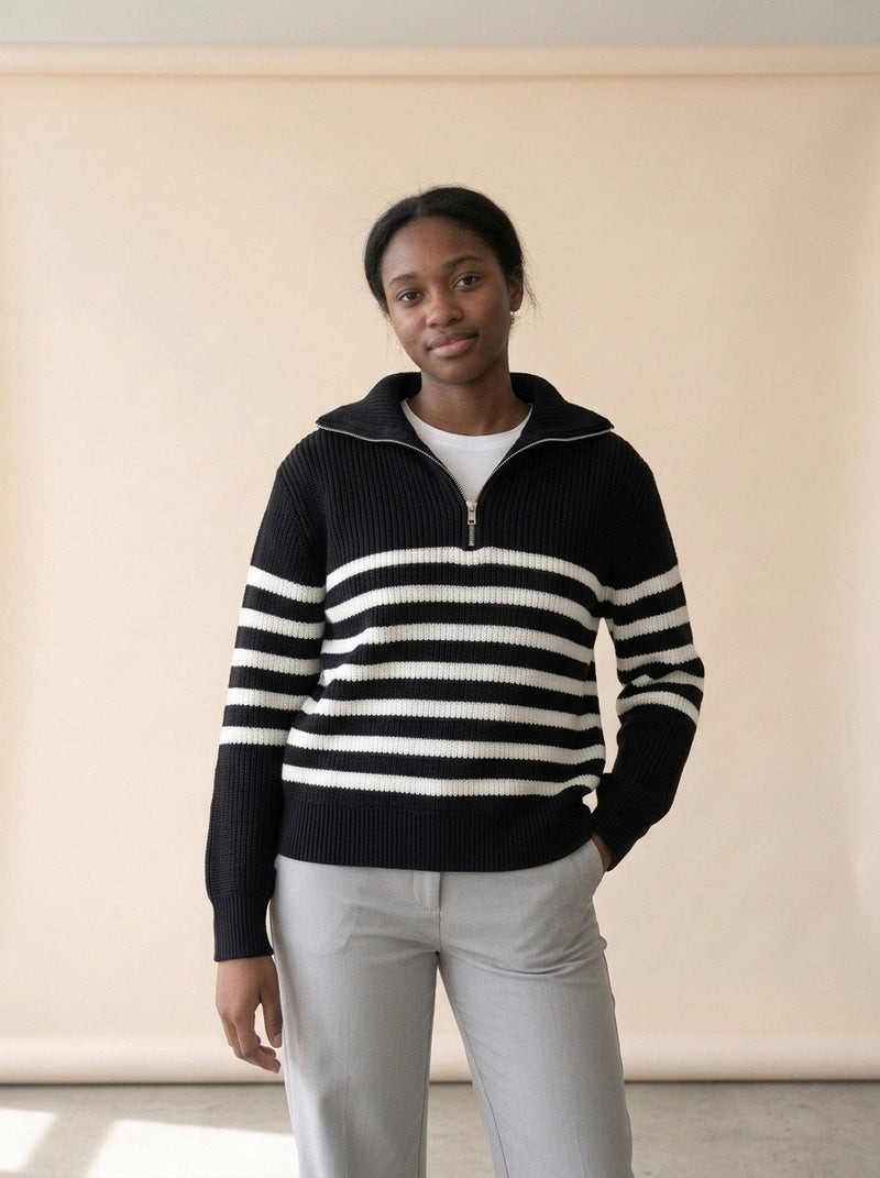 Retro Striped Half-Zip Collar Sweater in Black Sweater, worn
