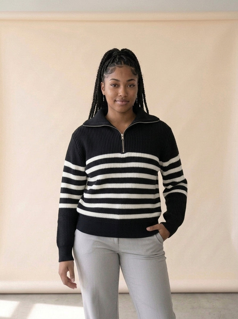 Retro Striped Half-Zip Collar Sweater in Black Sweater, worn