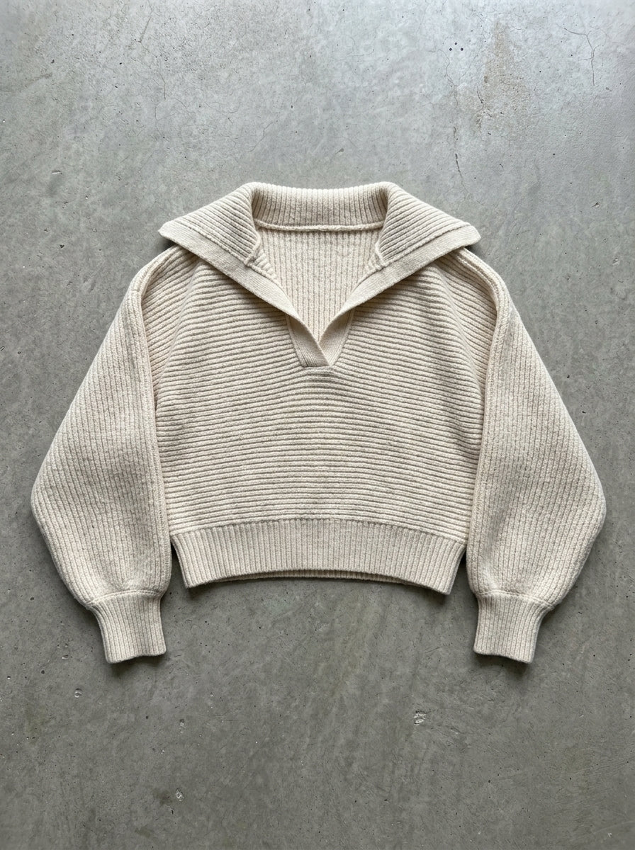 Collared Rib Knit Pullover Sweater in Apricot