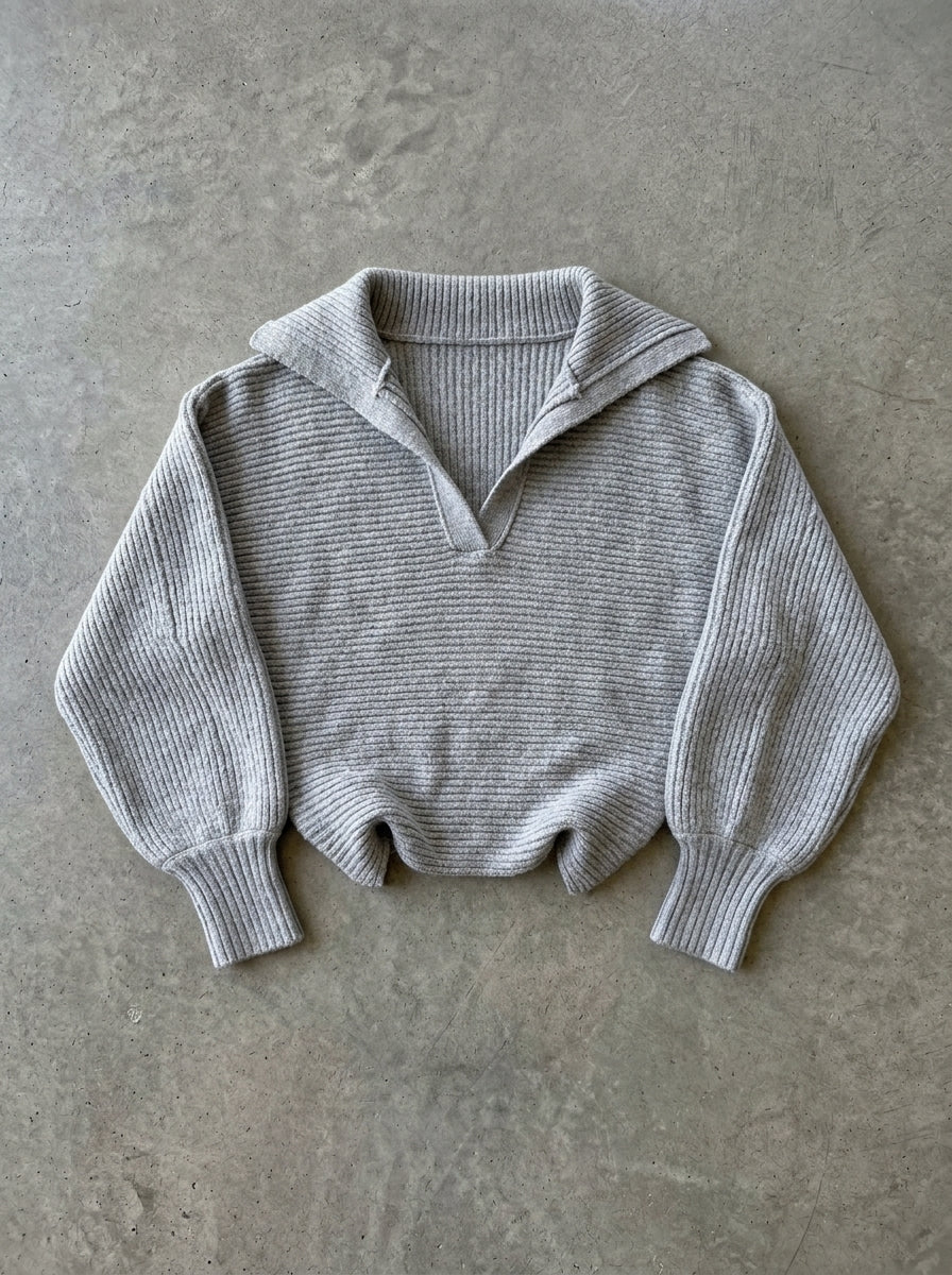 Collared Rib Knit Pullover Sweater in grey