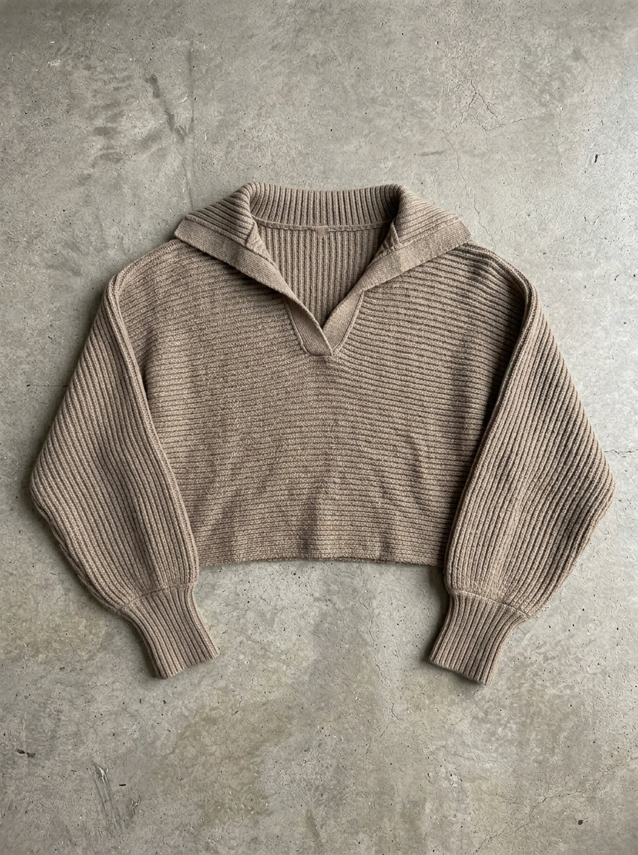 Collared Rib Knit Pullover Sweater in khaki