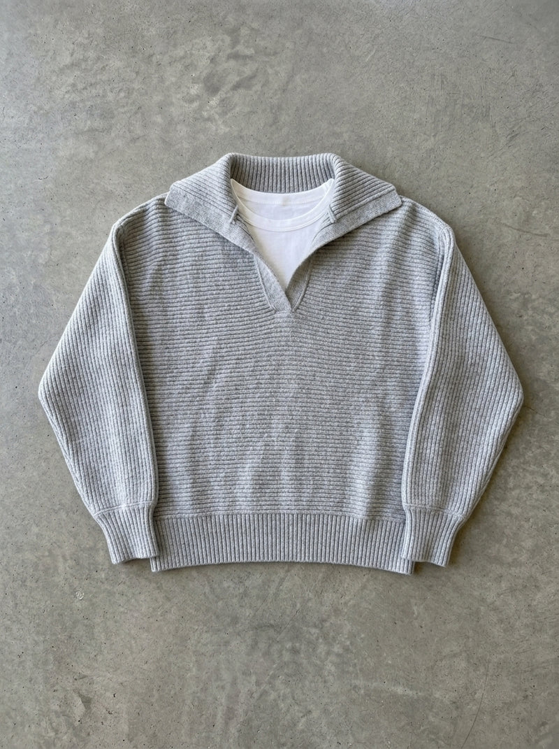 Collared Rib Knit Pullover Sweater in Grey