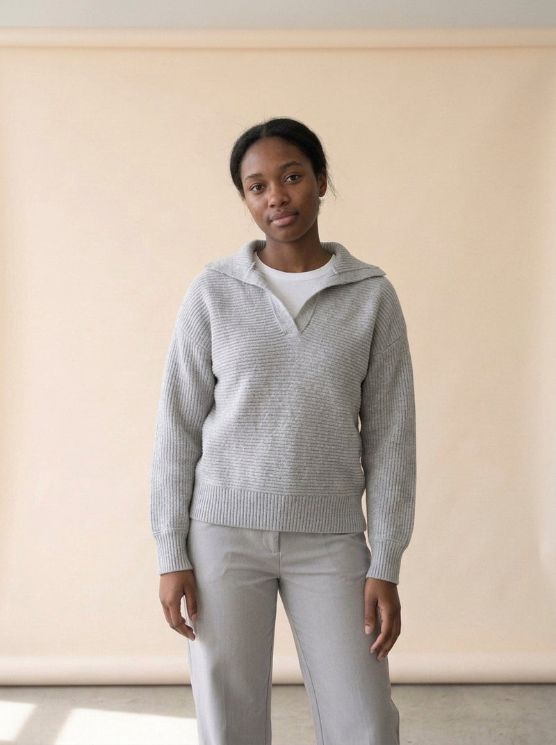 Collared Rib Knit Pullover Sweater in Apricot, worn