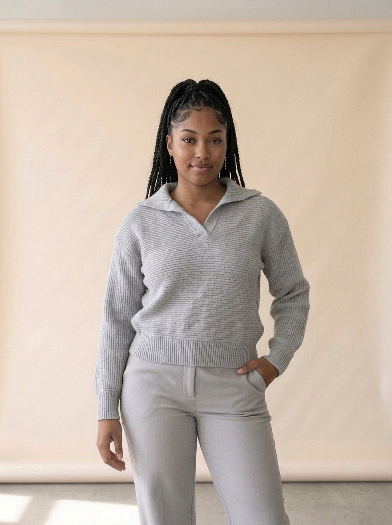 Collared Rib Knit Pullover Sweater in Grey, worn