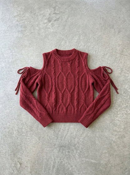 Cold Shoulder Bow Cable Knit Sweater in Red