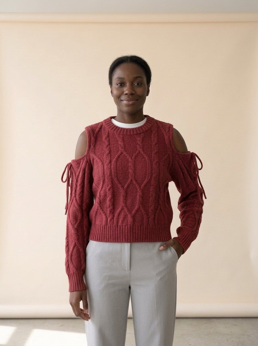 Cold Shoulder Bow Cable Knit Sweater in Red, worn