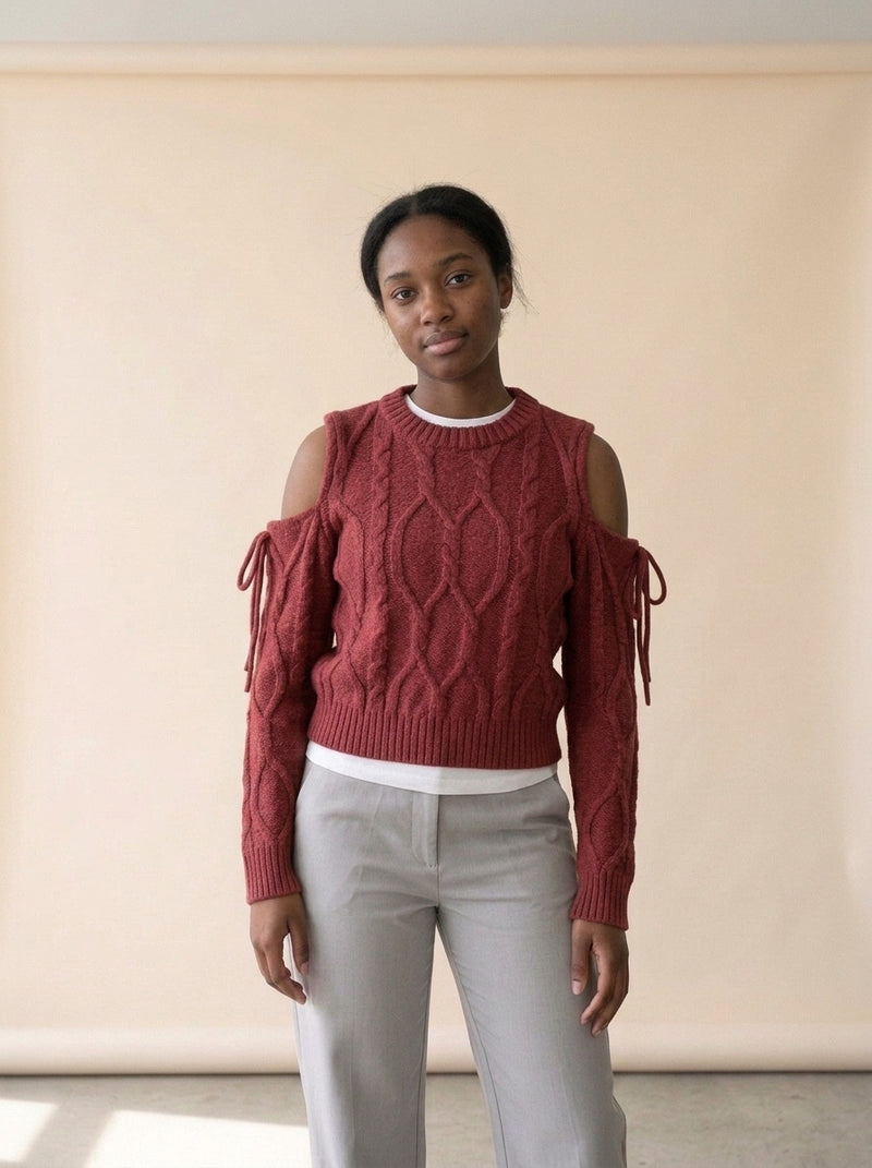 Cold Shoulder Bow Cable Knit Sweater in Off White, worn