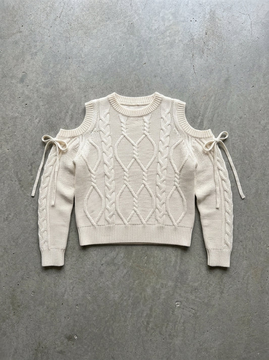 Cold Shoulder Bow Cable Knit Sweater in Off White