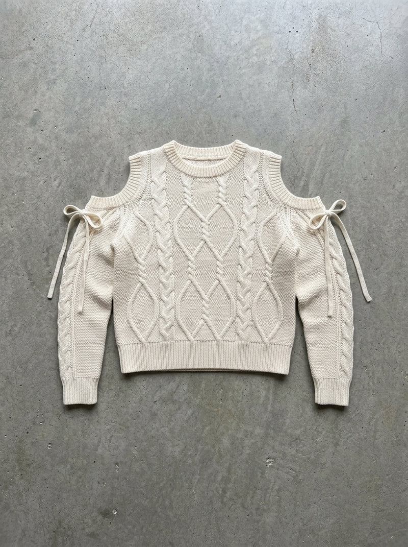Cold Shoulder Bow Cable Knit Sweater in Off White