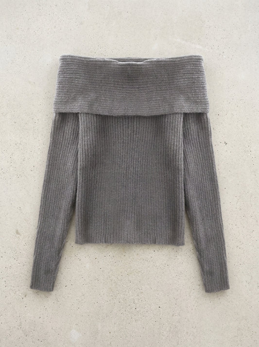 Off-Shoulder Slash Neck Knit Sweater in Gray