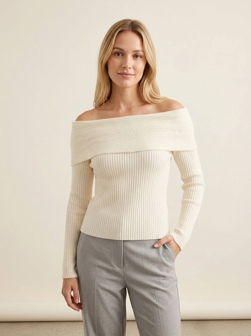 Off-Shoulder Slash Neck Knit Sweater in Creamy-white, worn
