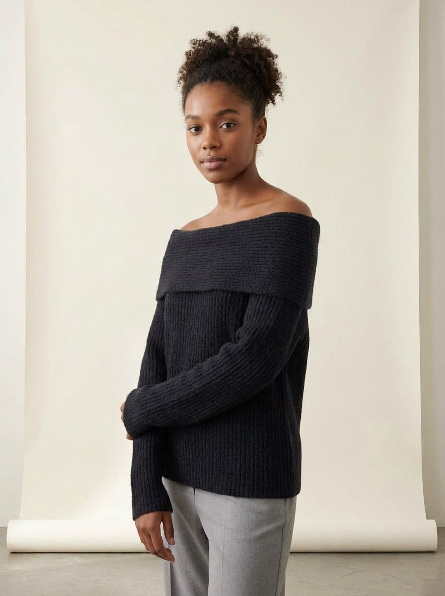Off-Shoulder Slash Neck Knit Sweater in Black, worn