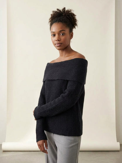 Off-Shoulder Slash Neck Knit Sweater in Black, worn
