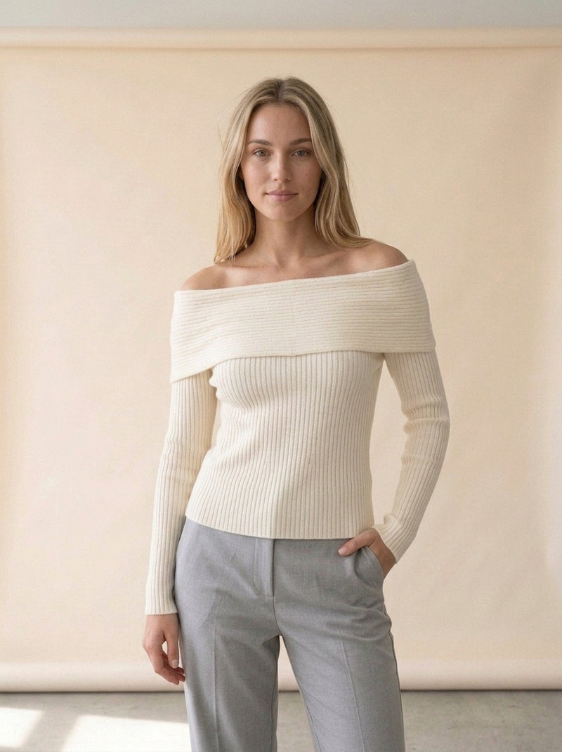 Off-Shoulder Slash Neck Knit Sweater in Creamy-White, worn