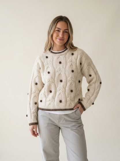 Soft Crew Neck Knit Sweater in Beige, worn