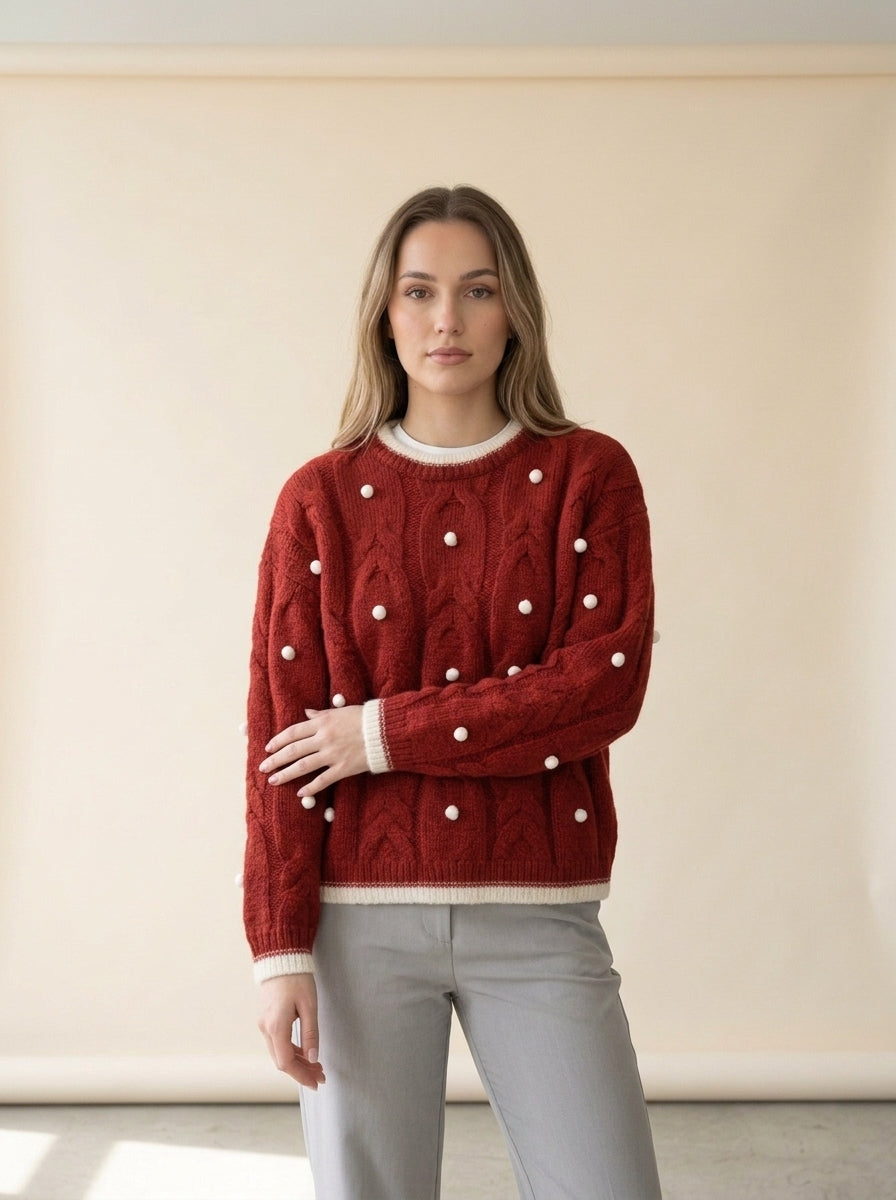 Soft Crew Neck Knit Sweater in Red, worn
