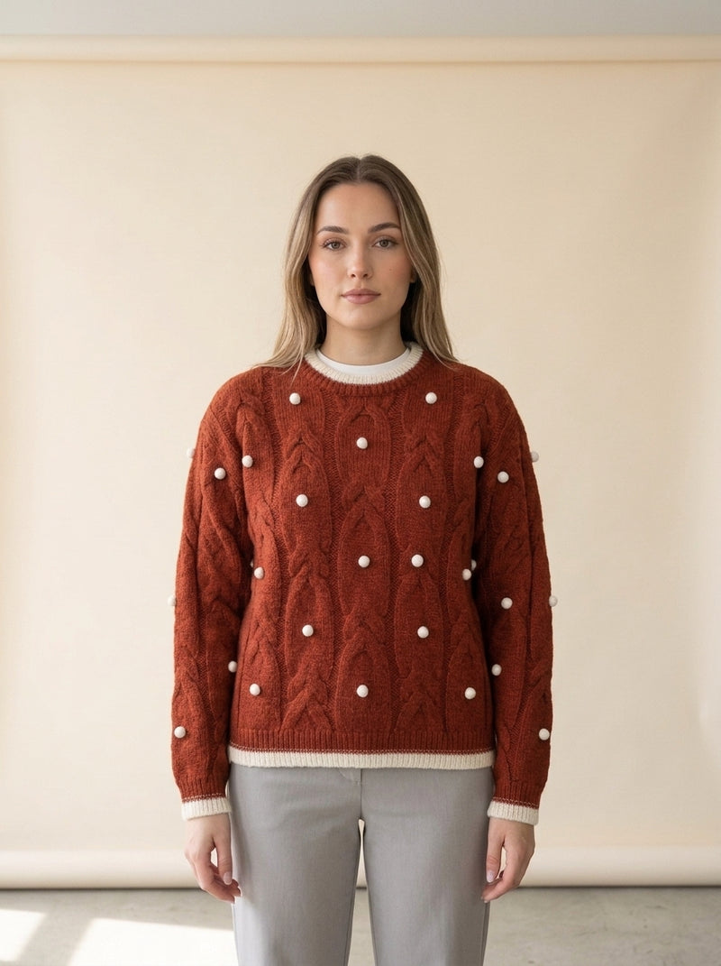 Soft Crew Neck Knit Sweater in Red, worn