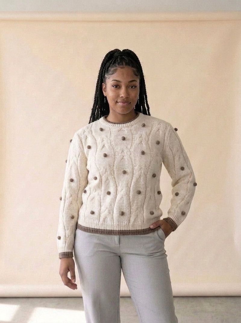 Soft Crew Neck Knit Sweater in Beige, worn