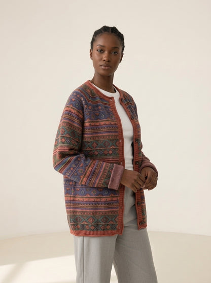 Vintage Folk Pattern Knit Cardigan in 02, worn