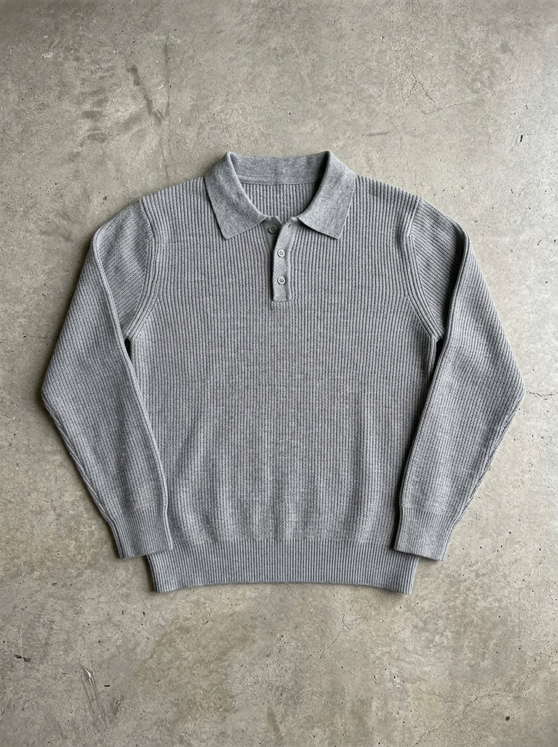 Ribbed Knit Polo Collar Sweater in Light Grey