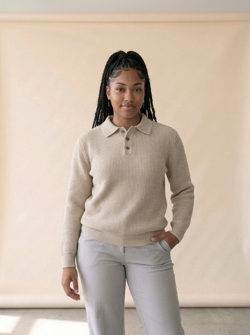 Ribbed Knit Polo Collar Sweater in Apricot, worn