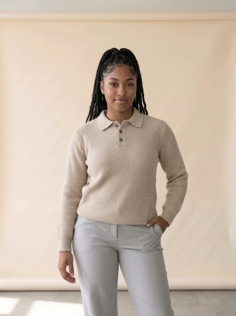Ribbed Knit Polo Collar Sweater in Apricot, worn