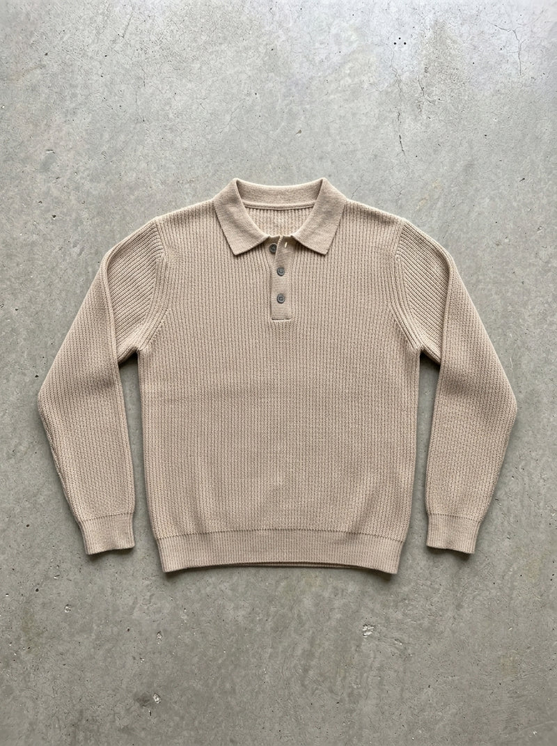 Ribbed Knit Polo Collar Sweater in Apricot