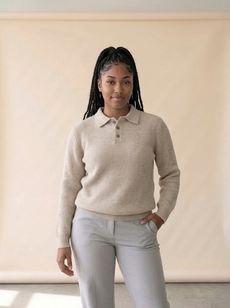 Ribbed Knit Polo Collar Sweater in Apricot, worn