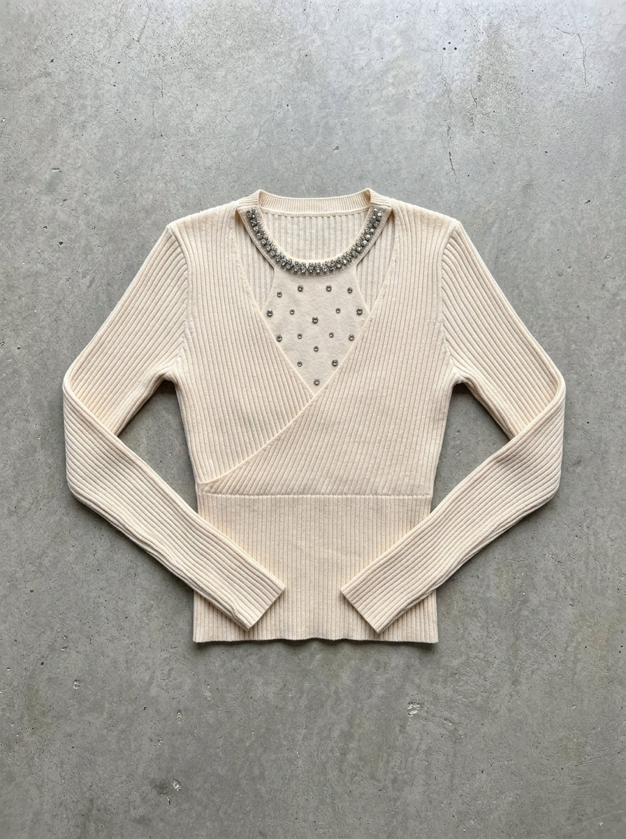 Rhinestone Neck Ribbed Wrap Sweater in Apricot