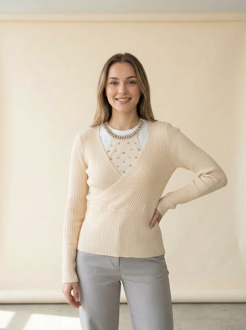 Rhinestone Neck Ribbed Wrap Sweater in Apricot, worn