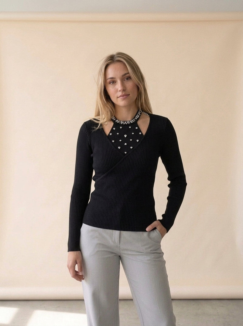 Rhinestone Neck Ribbed Wrap Sweater in Black, worn