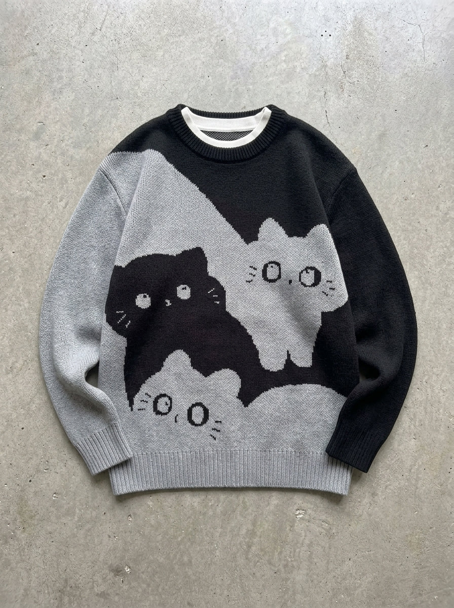 Cartoon Cat Crew Neck Sweater in black