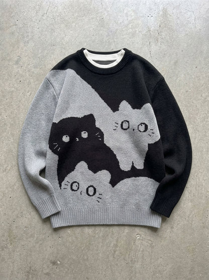 Cartoon Cat Crew Neck Sweater in black