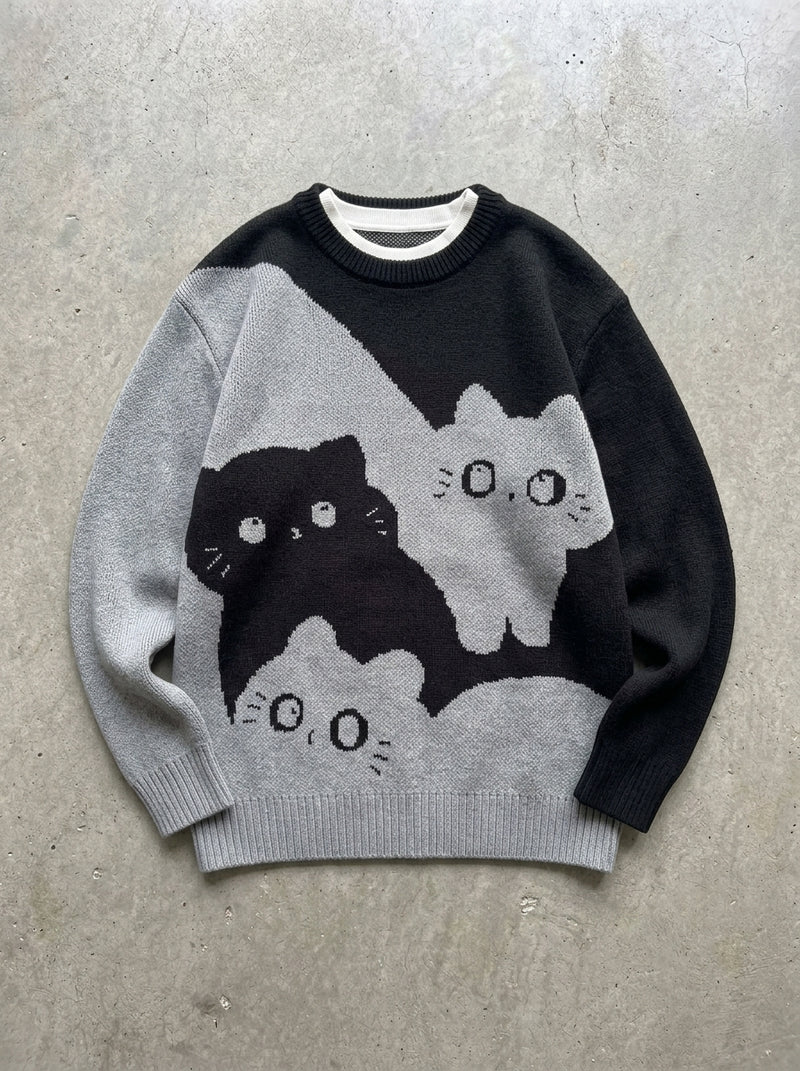Cartoon Cat Crew Neck Sweater in black