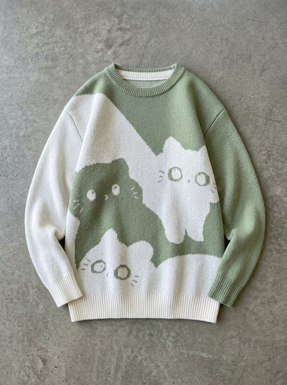 Cartoon Cat Crew Neck Sweater in green