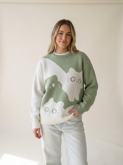 Cartoon Cat Crew Neck Sweater in green, worn