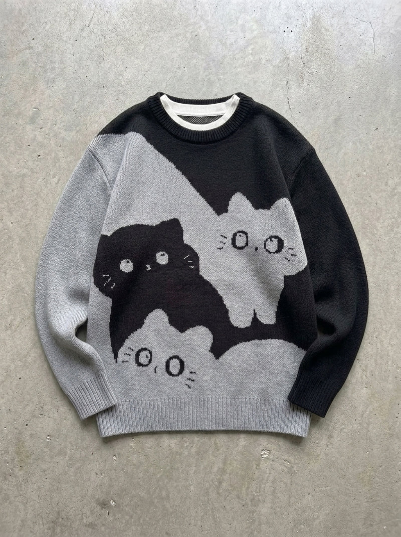 Cartoon Cat Crew Neck Sweater in Black