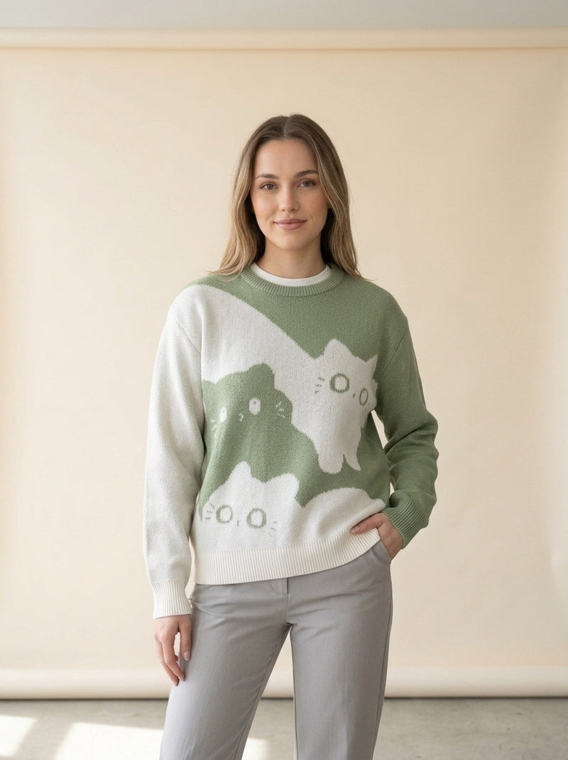Cartoon Cat Crew Neck Sweater in Green, worn