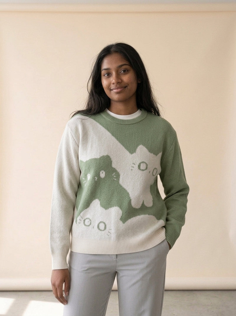 Cartoon Cat Crew Neck Sweater in Green, worn