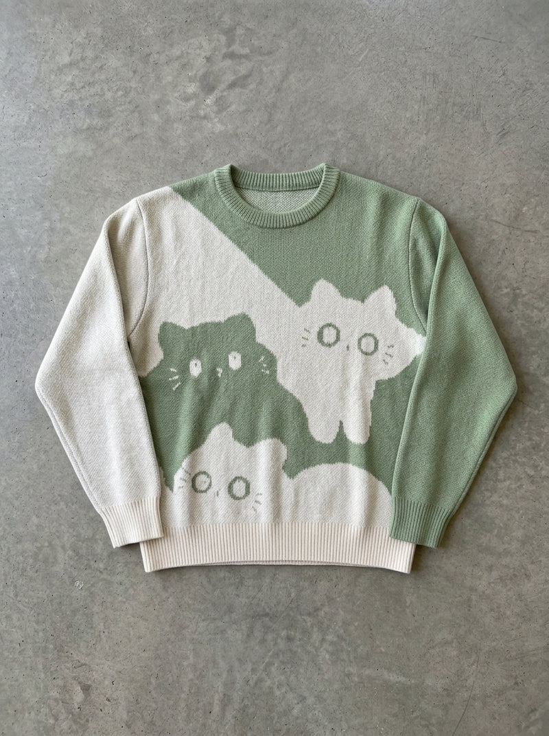 Cartoon Cat Crew Neck Sweater in Green
