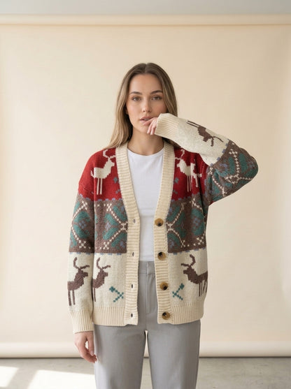 Reindeer Fair Isle Button Cardigan in E, worn