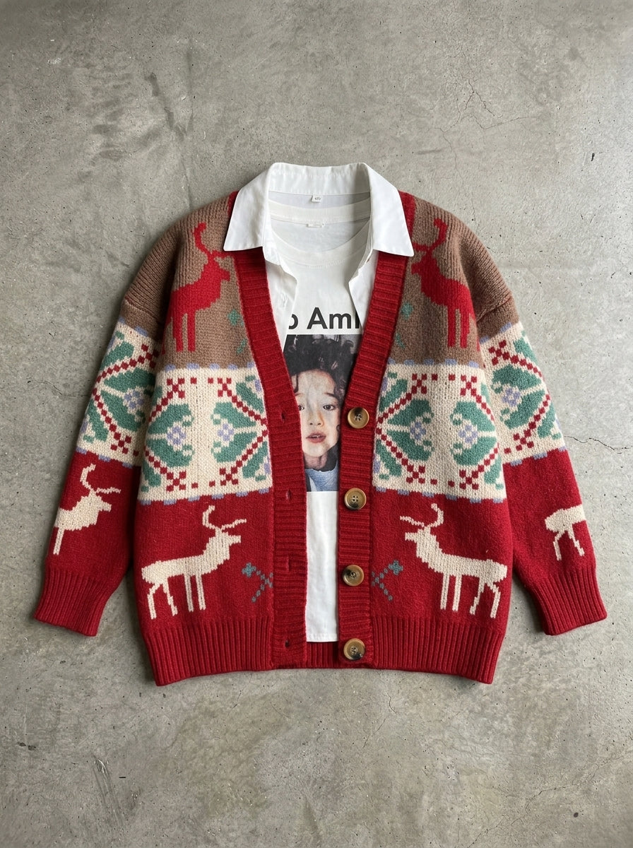 Reindeer Fair Isle Button Cardigan in W