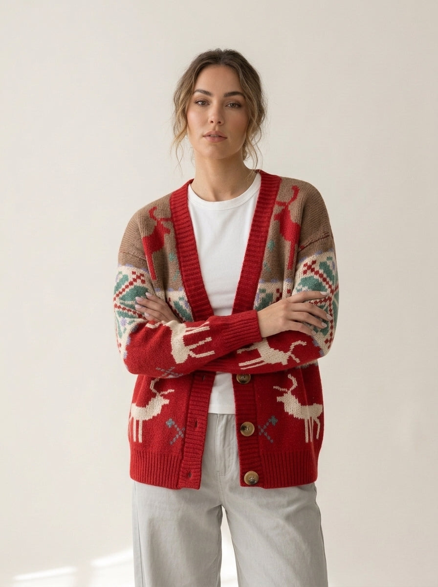 Reindeer Fair Isle Button Cardigan in W, worn