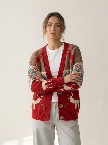 Reindeer Fair Isle Button Cardigan in W, worn