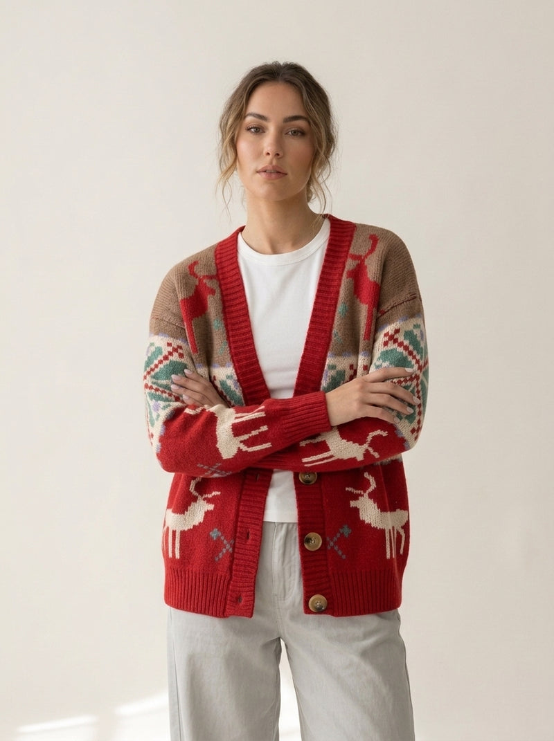 Reindeer Fair Isle Button Cardigan in W, worn