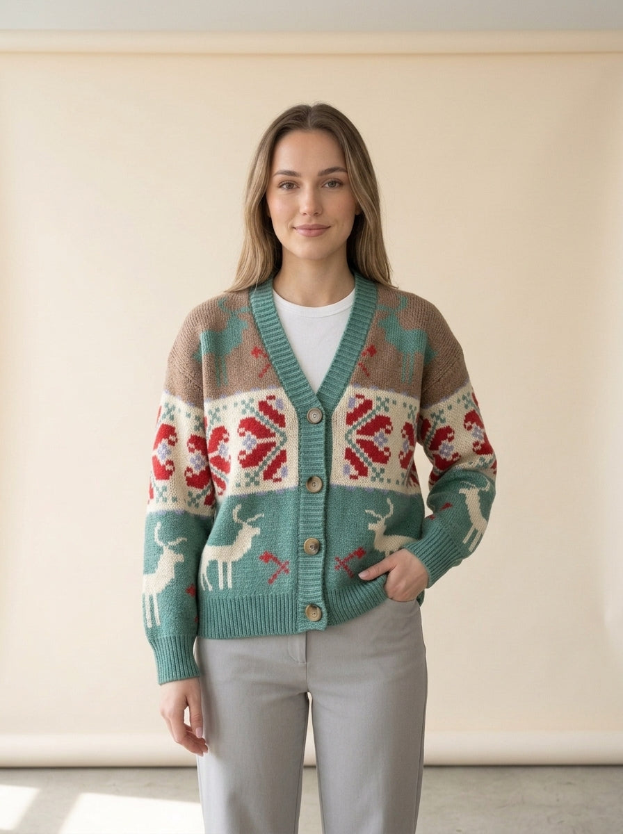 Reindeer Fair Isle Button Cardigan in Q, worn