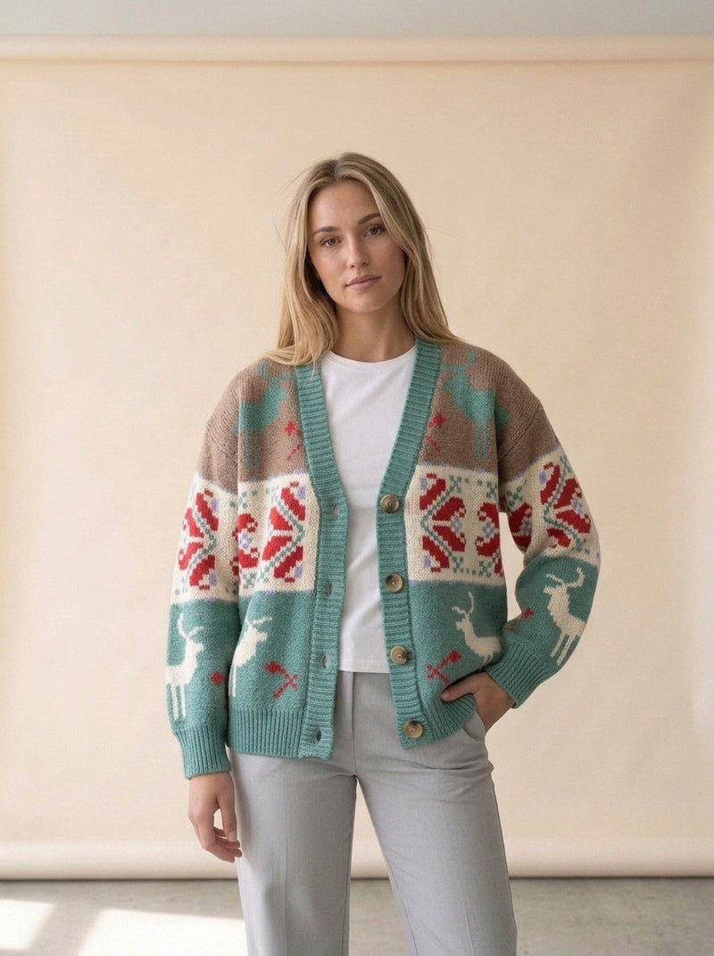 Reindeer Fair Isle Button Cardigan in Q, worn