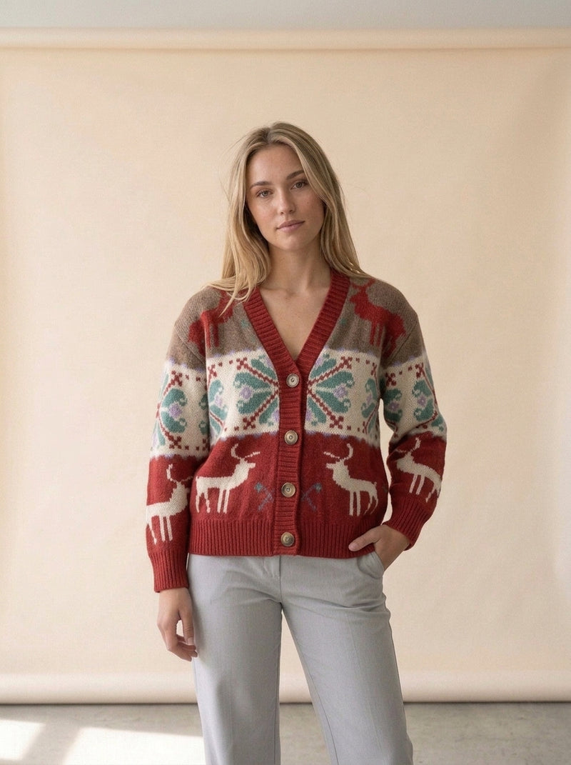 Reindeer Fair Isle Button Cardigan in W, worn