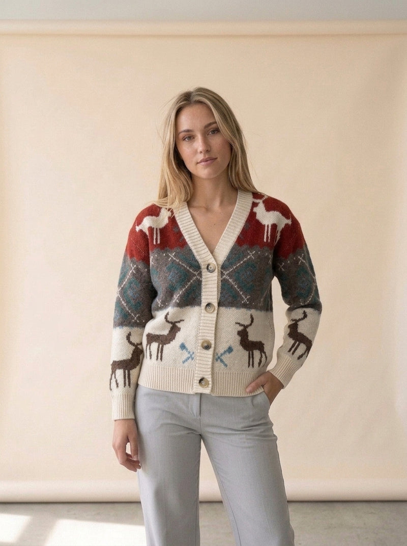 Reindeer Fair Isle Button Cardigan in E, worn