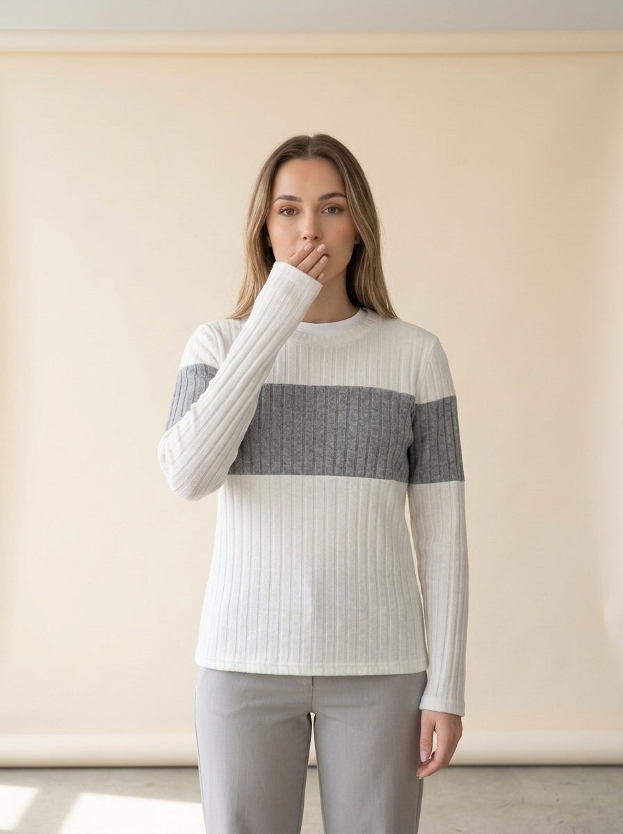 Color Block Ribbed Crew Pullover in WHITE, worn
